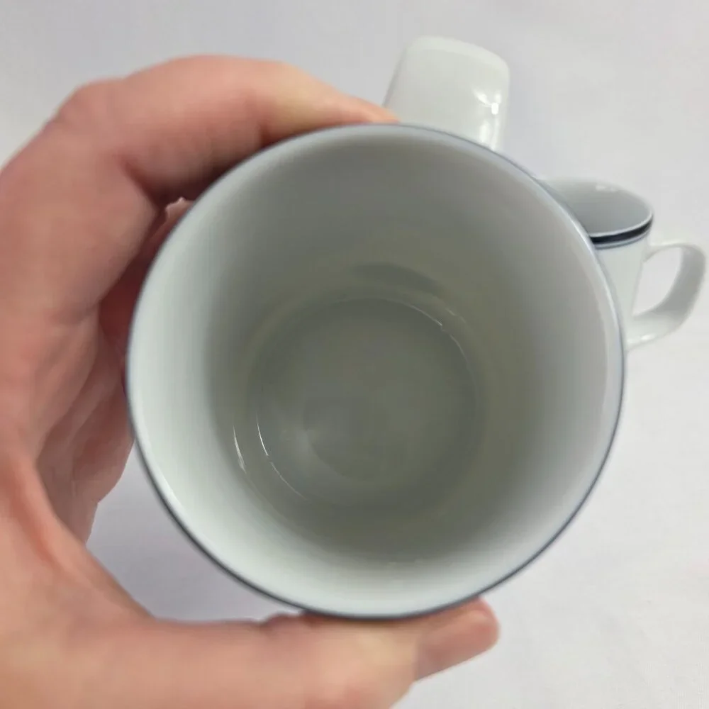 TWO Dansk Allegro Blue Mugs White with Two Blue Bands on Rim